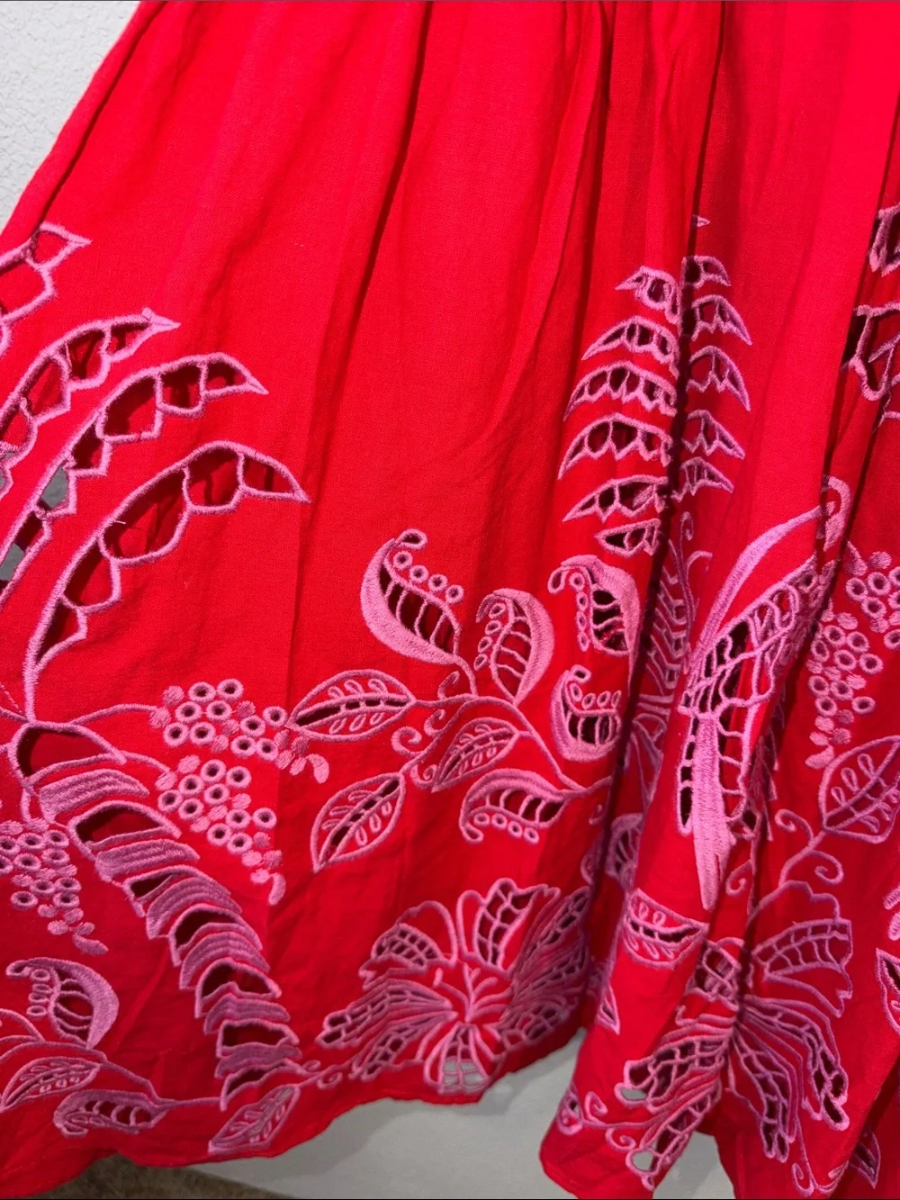 Farm Rio- Red Palm Tree Embroidered Puff-Sleeve-Midi Dress - Picture 6 of 12